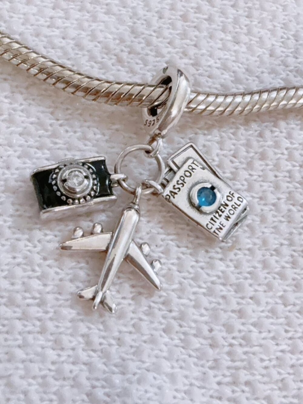 Travel Charm Camera Passport & Airplane Silver Charm For Pandora Bracelet